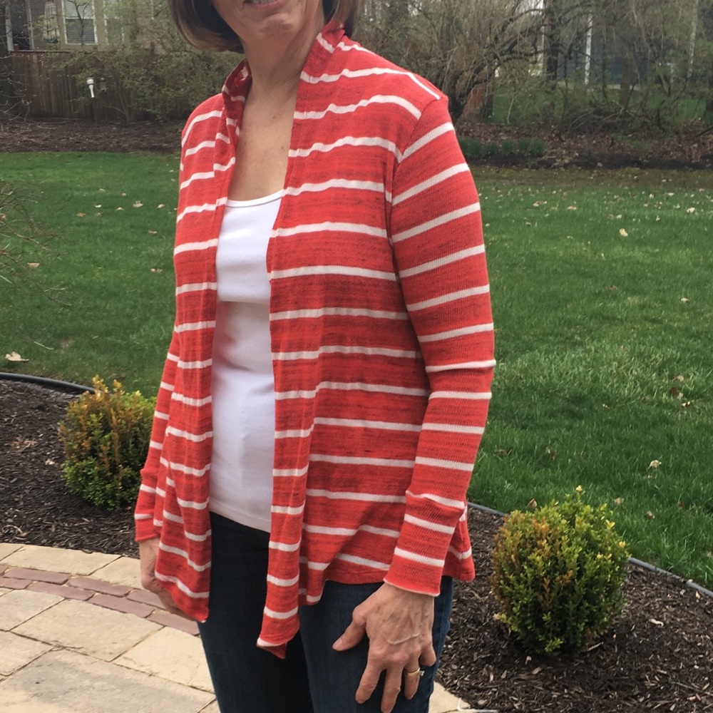 - Pure Karma M Coral Red Striped Lightweight Waterfall Cardigan! NEW!